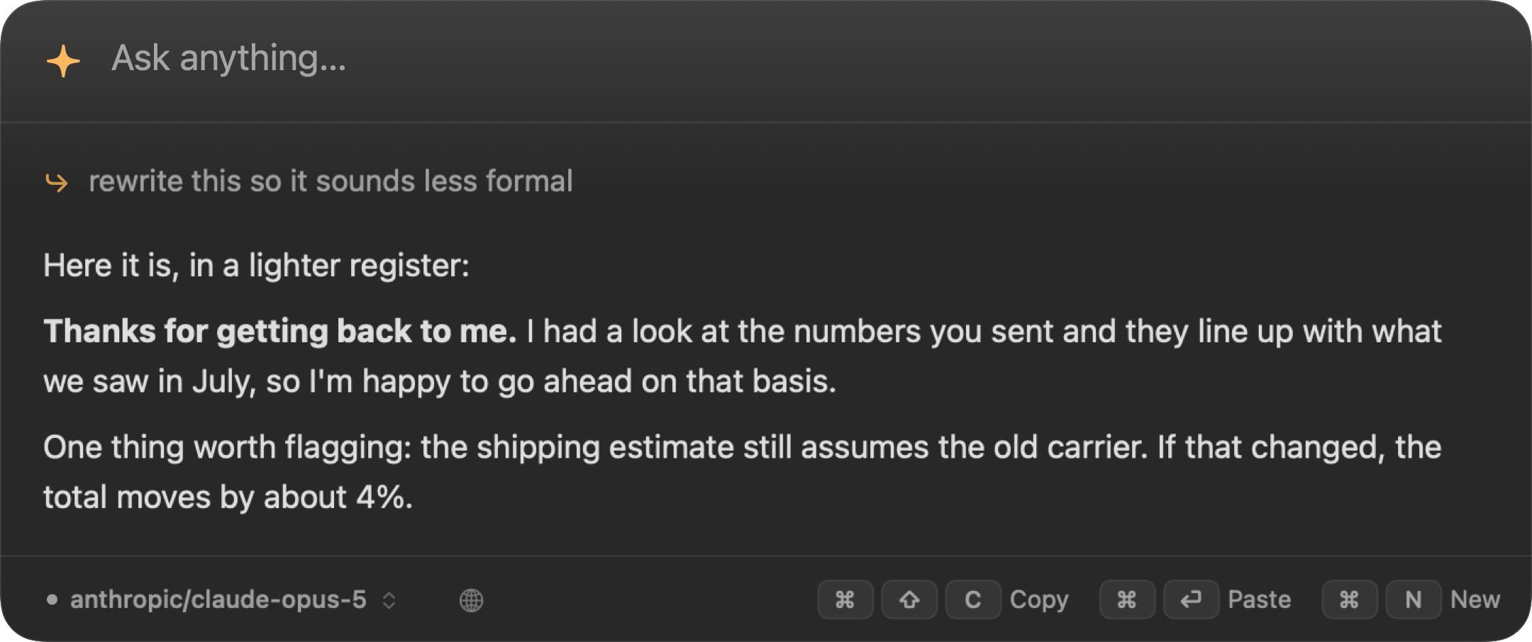 The Lume panel open above the desktop, rewriting a paragraph of an email in streaming text