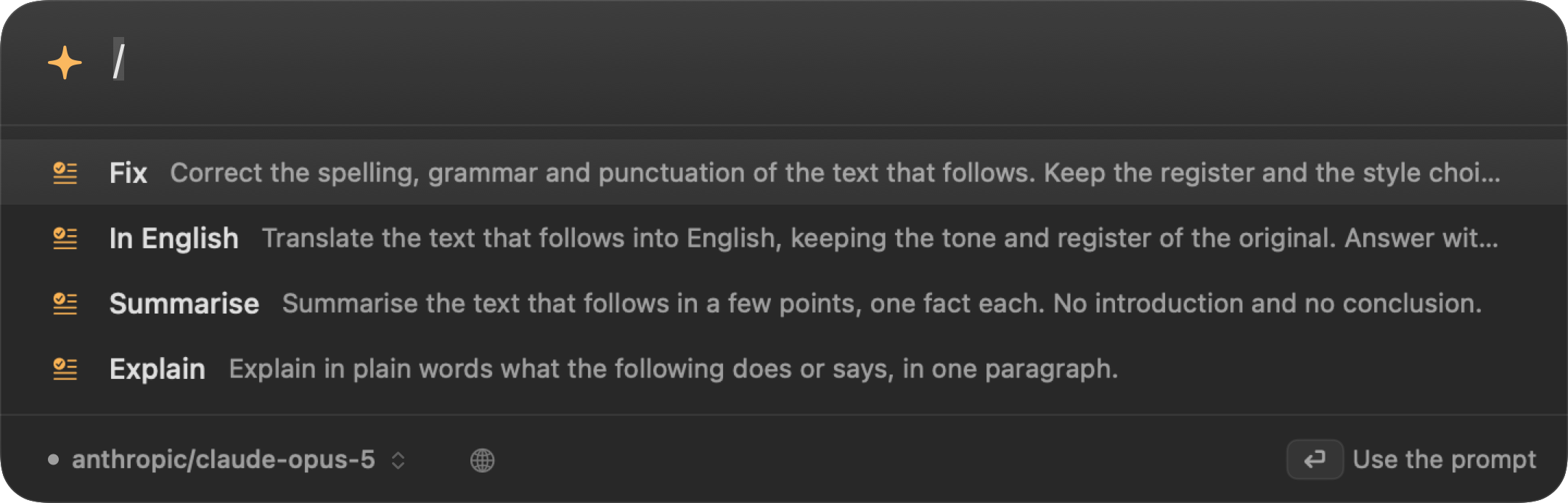 Typing a slash in Lume lists the saved prompts: Fix, In English, Summarise, Explain